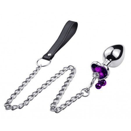 Анальна пробка з кристалом, дзвіночком та поводком Silver Heart Purple, розмір M