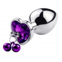 Анальна пробка з кристалом, дзвіночком та поводком Silver Heart Purple, розмір M