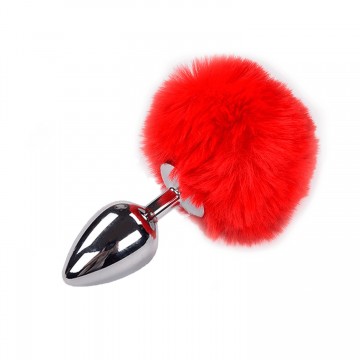 Металлическая анальная пробка Кроличий хвостик Alive Fluffy Plug L Red, диаметр 3,9 см