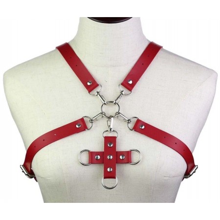 Портупея из искусственной кожи с фиксатором Womens PU Leather Chest Harness Caged Bra RED