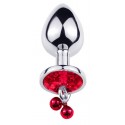 Анальна пробка з кристалом, дзвіночком та поводком Silver RED, розмір L
