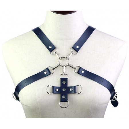 Портупея из искусственной кожи с фиксатором Womens PU Leather Chest Harness Caged Bra BLUE