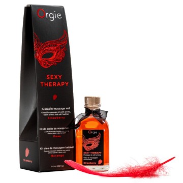 Купить - Набір для масажу Orgie – Sexy Therapy Strawberry (100 мл), їстівна розігрівальна олія + пір’їнка